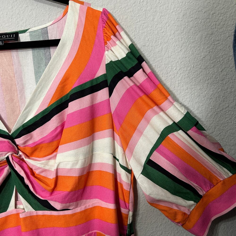 Eloquii Stripe Fit & Flare Linen Blend Dress Pink Green Cut Out Puff Sleeve 20 - Picture 8 of 11